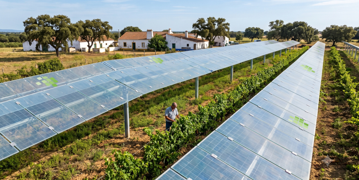 Instalação agrivoltaica sobre vinha, com painéis solares elevados