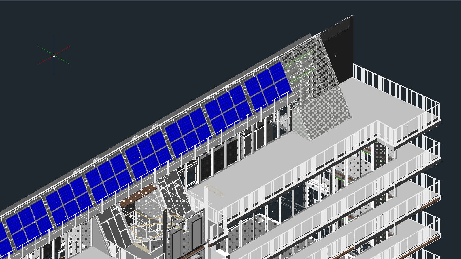 Modelo CAD 3D de instalação fotovoltaica em cobertura industrial, com estrutura, painéis e claraboias representados em wireframe