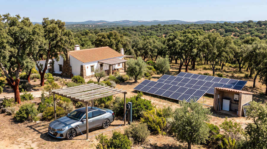 Casa isolada com sistema fotovoltaico off-grid e carregamento de veículo elétrico