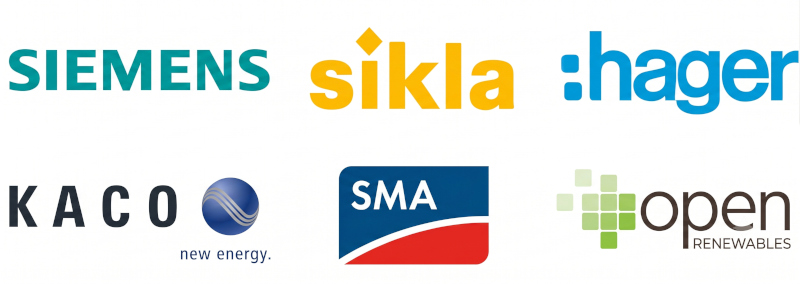 Logótipos de fabricantes parceiros: Siemens, Sikla, Hager, KACO, SMA, Open Renewables